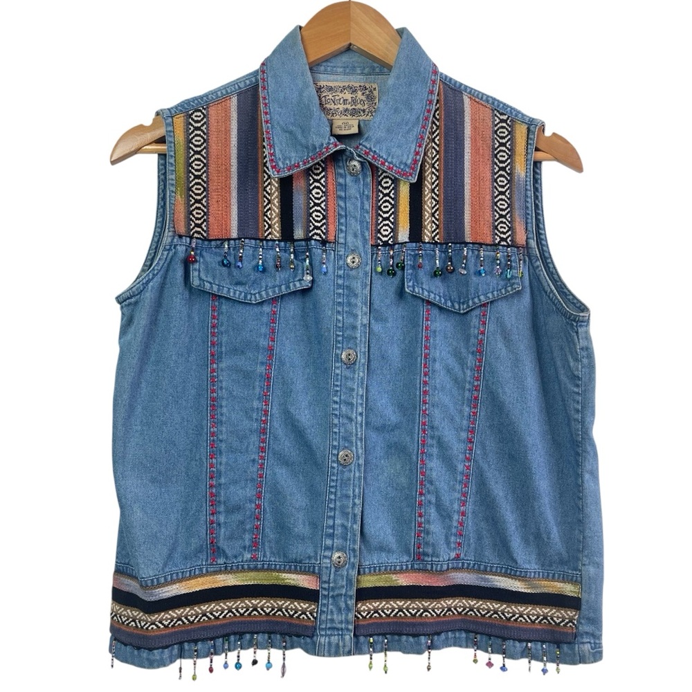 Vintage Tantrum Blues Denim Vest Southwestern Woven Tapestries Beaded Fringe